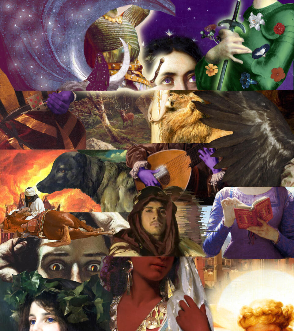 collage of famous historical artworks that have been edited, cropped, and recolored to represent characters in the Opal Athenaeum universe.